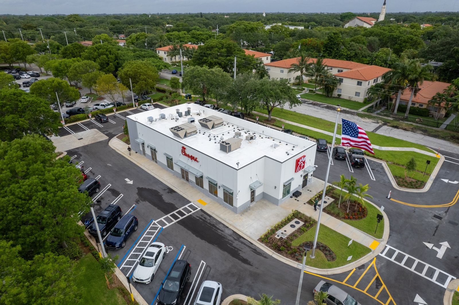 Aerial view of the Chick-fil-A Miami Shores building and its parking lot in Miami Shores, Florida